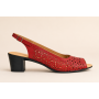 sandale dama rosii din piele naturala perforate cu toc mediu CP431R